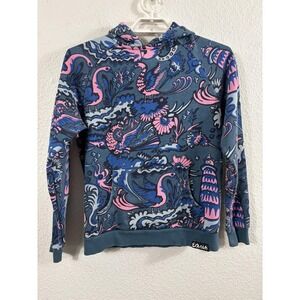 Pink Dolphin Hoodie Sweatshirt Mens Small Blue Pink Allover Bird Print Fleece